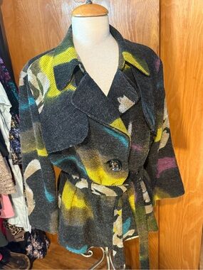 172 Grams Gray Abstract Belted Trench Coat with Multicolor Accents